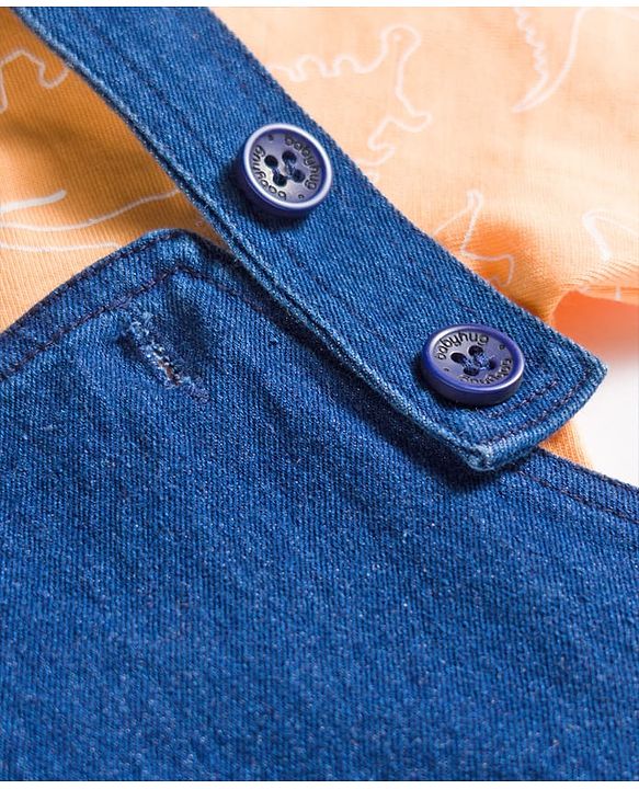 Babyhug Single Jersey Knit Half Sleeves Dino Printed T-Shirt & Denim Dungaree with Patch - Orange & Blue
