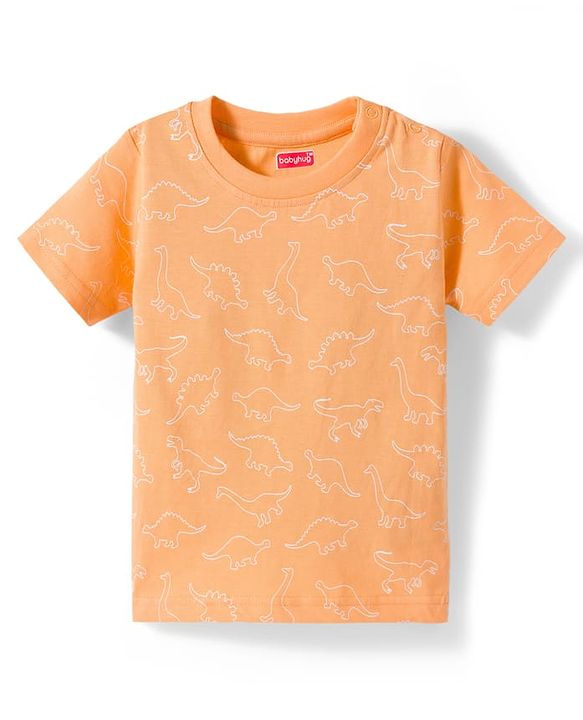 Babyhug Single Jersey Knit Half Sleeves Dino Printed T-Shirt & Denim Dungaree with Patch - Orange & Blue