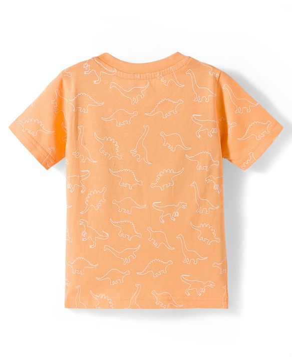 Babyhug Single Jersey Knit Half Sleeves Dino Printed T-Shirt & Denim Dungaree with Patch - Orange & Blue