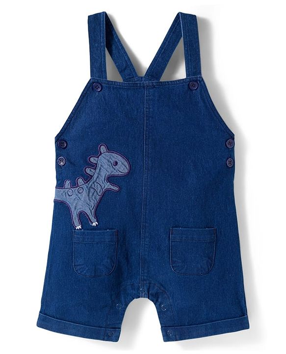 Babyhug Single Jersey Knit Half Sleeves Dino Printed T-Shirt & Denim Dungaree with Patch - Orange & Blue