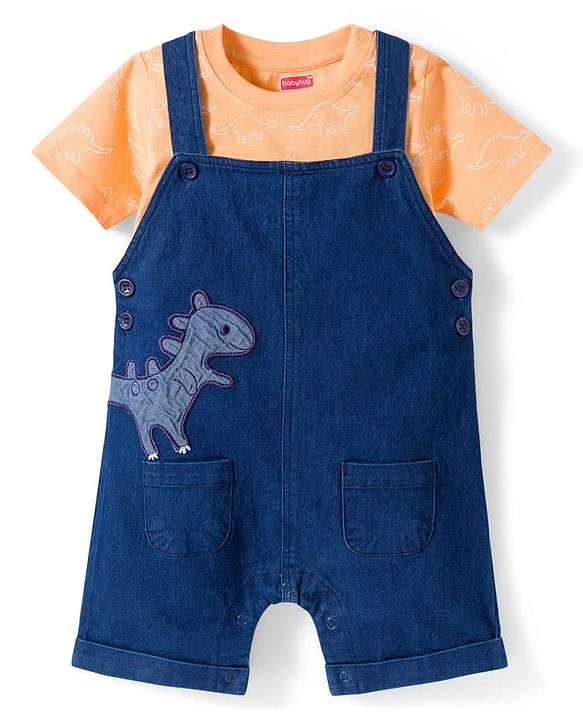 Babyhug Single Jersey Knit Half Sleeves Dino Printed T-Shirt & Denim Dungaree with Patch - Orange & Blue
