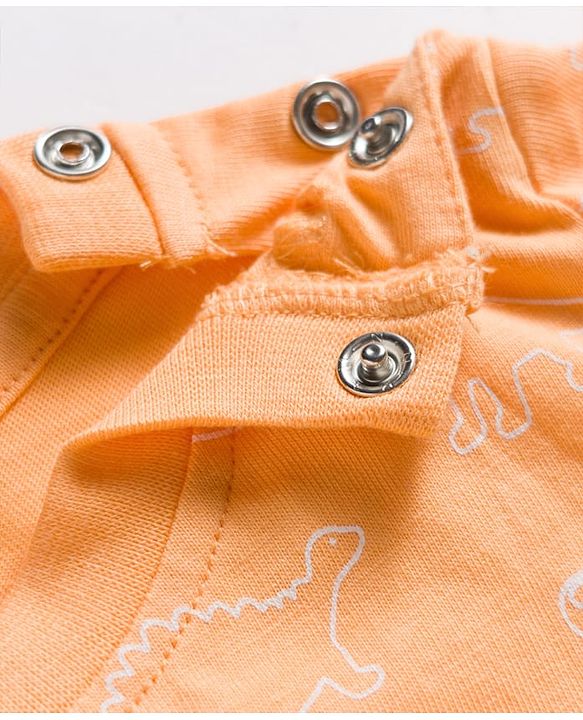 Babyhug Single Jersey Knit Half Sleeves Dino Printed T-Shirt & Denim Dungaree with Patch - Orange & Blue