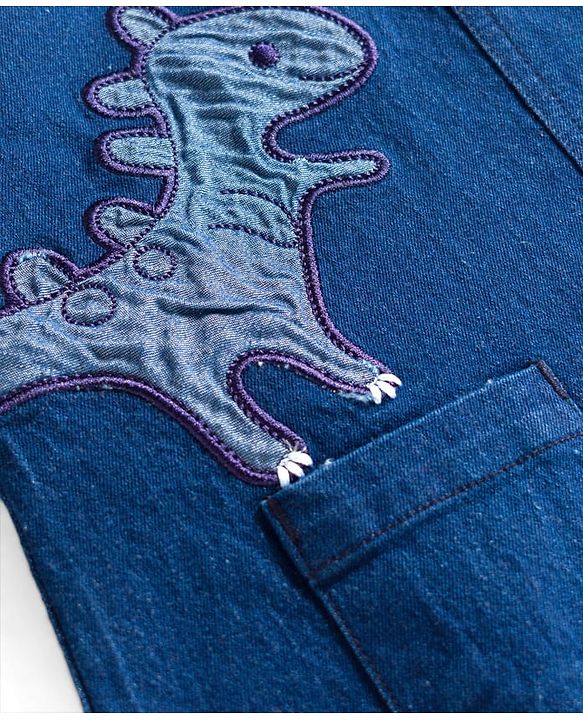 Babyhug Single Jersey Knit Half Sleeves Dino Printed T-Shirt & Denim Dungaree with Patch - Orange & Blue