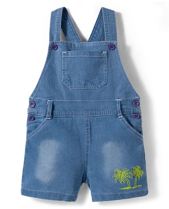 Babyhug Single Jersey Knit Half Sleeves Text Printed T-Shirt & Denim Dungaree with Tree Embroidery - Limegreen  & Blue