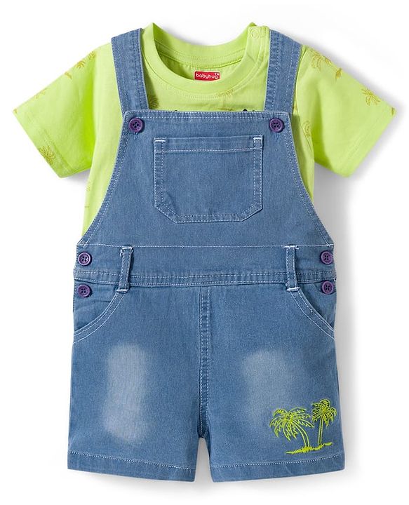 Babyhug Single Jersey Knit Half Sleeves Text Printed T-Shirt & Denim Dungaree with Tree Embroidery - Limegreen  & Blue