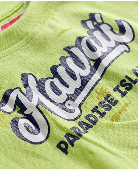 Babyhug Single Jersey Knit Half Sleeves Text Printed T-Shirt & Denim Dungaree with Tree Embroidery - Limegreen  & Blue