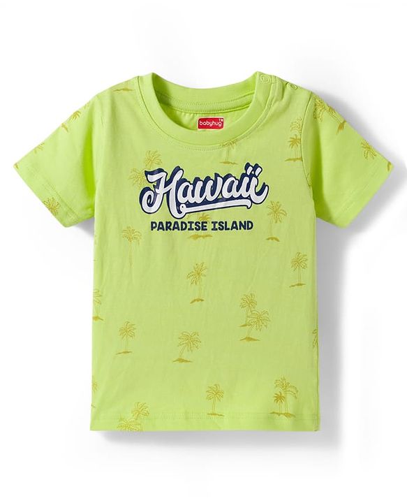 Babyhug Single Jersey Knit Half Sleeves Text Printed T-Shirt & Denim Dungaree with Tree Embroidery - Limegreen  & Blue