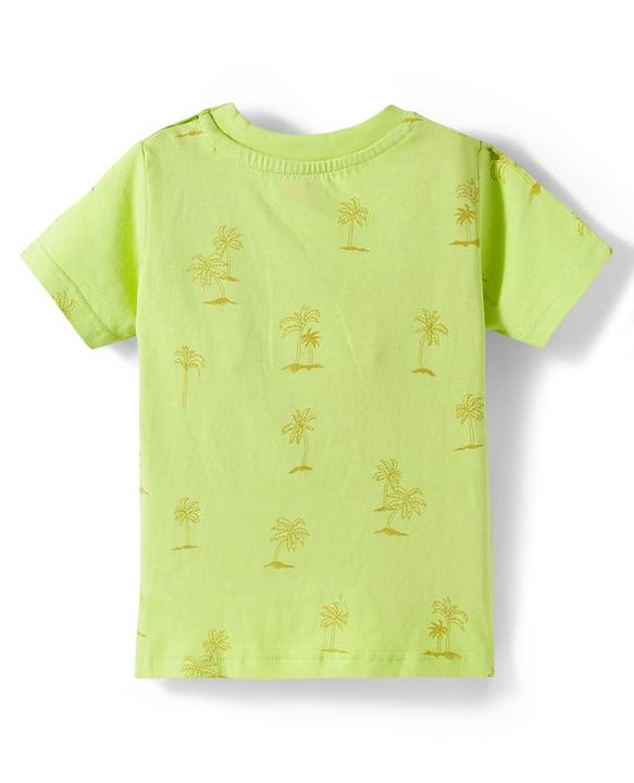 Babyhug Single Jersey Knit Half Sleeves Text Printed T-Shirt & Denim Dungaree with Tree Embroidery - Limegreen  & Blue