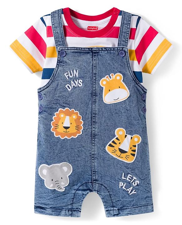 Babyhug Single Jersey Knit Half Sleeves Striped T-Shirt & Denim Dungaree with Animal Patch - Blue Red & Yellow