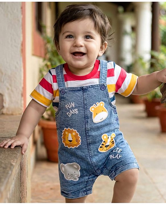 Babyhug Single Jersey Knit Half Sleeves Striped T-Shirt & Denim Dungaree with Animal Patch - Blue Red & Yellow