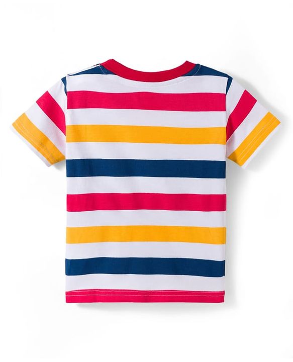 Babyhug Single Jersey Knit Half Sleeves Striped T-Shirt & Denim Dungaree with Animal Patch - Blue Red & Yellow