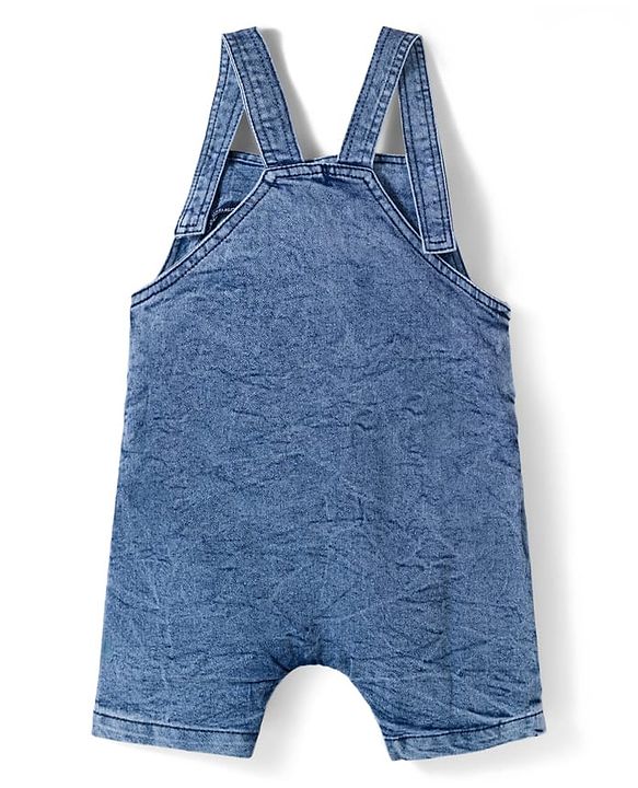 Babyhug Single Jersey Knit Half Sleeves Striped T-Shirt & Denim Dungaree with Animal Patch - Blue Red & Yellow