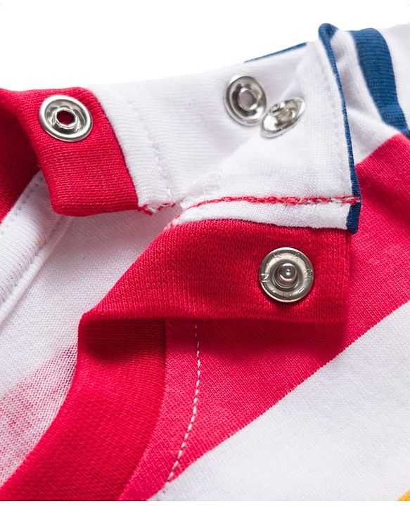 Babyhug Single Jersey Knit Half Sleeves Striped T-Shirt & Denim Dungaree with Animal Patch - Blue Red & Yellow