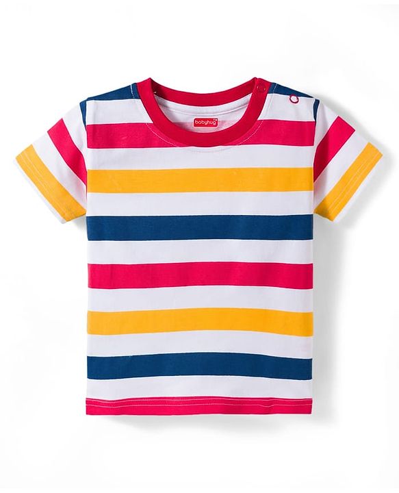 Babyhug Single Jersey Knit Half Sleeves Striped T-Shirt & Denim Dungaree with Animal Patch - Blue Red & Yellow