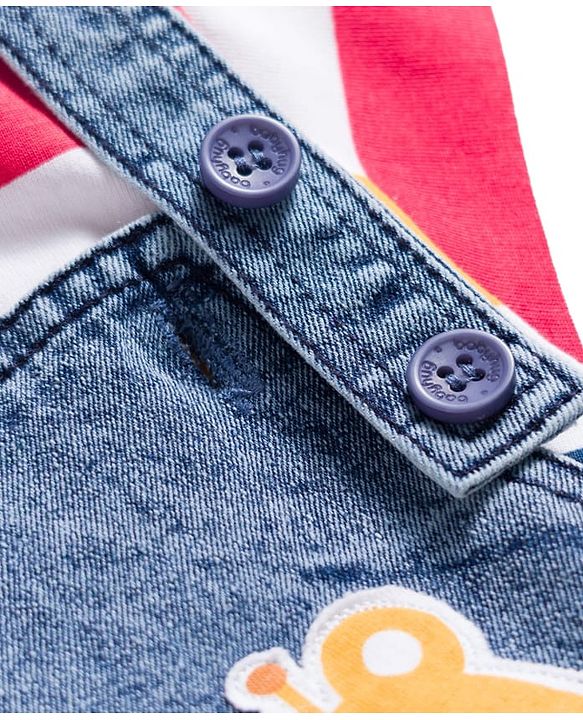 Babyhug Single Jersey Knit Half Sleeves Striped T-Shirt & Denim Dungaree with Animal Patch - Blue Red & Yellow