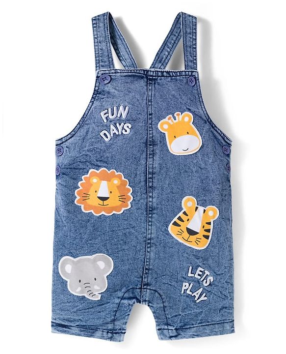 Babyhug Single Jersey Knit Half Sleeves Striped T-Shirt & Denim Dungaree with Animal Patch - Blue Red & Yellow