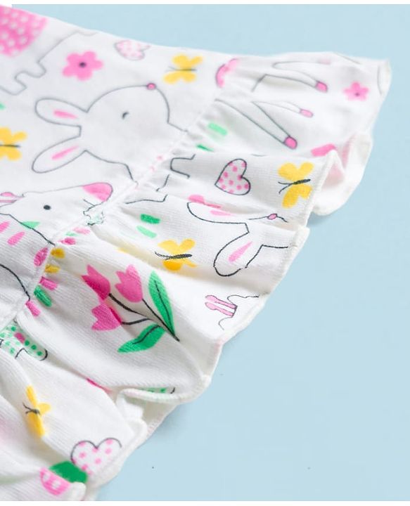 Babyhug Cotton Knit Half Sleeves Nighty With Animal & Floral Print - White