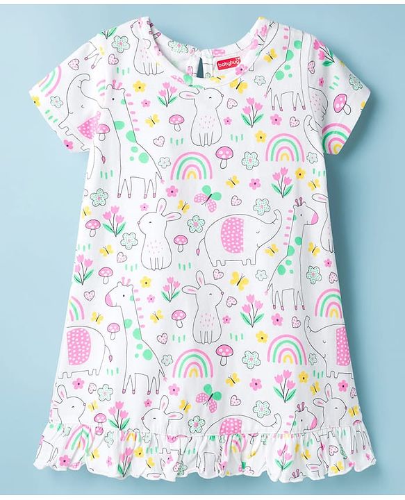 Babyhug Cotton Knit Half Sleeves Nighty With Animal & Floral Print - White