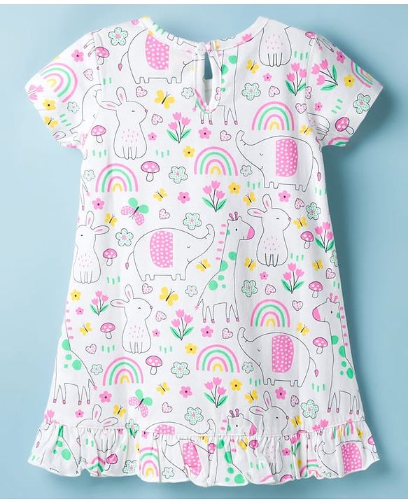Babyhug Cotton Knit Half Sleeves Nighty With Animal & Floral Print - White