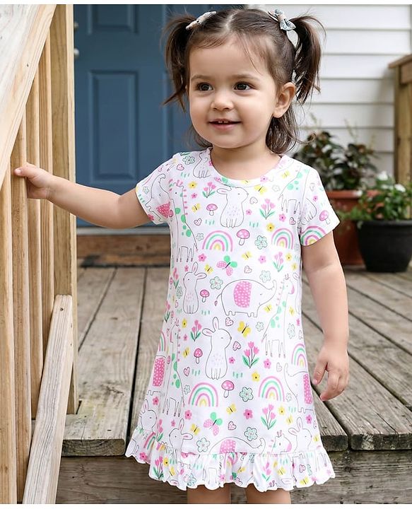 Babyhug Cotton Knit Half Sleeves Nighty With Animal & Floral Print - White