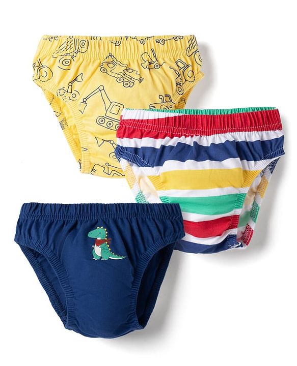 Babyhug 100% Cotton Single Jersey Knit Antibacterial Briefs With Car & Dino Print Pack of 3 - Multicolor