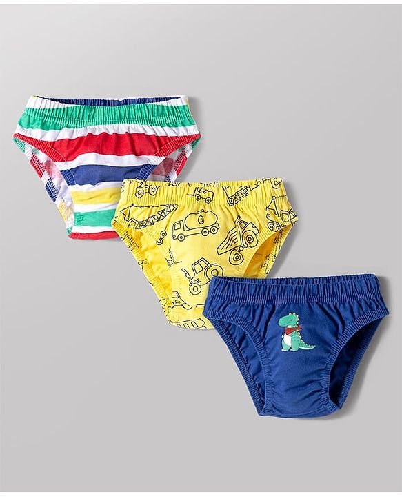 Babyhug 100% Cotton Single Jersey Knit Antibacterial Briefs With Car & Dino Print Pack of 3 - Multicolor