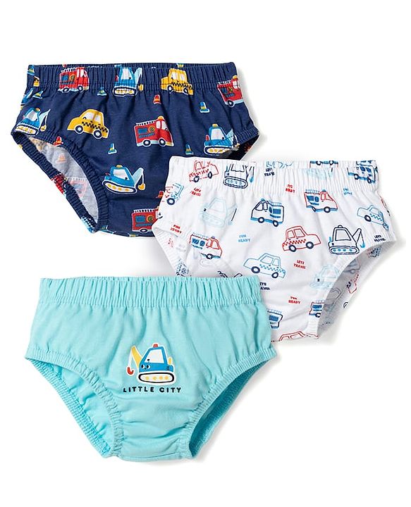 Babyhug 100% Cotton Knit Antibacterial Vehicle Printed Briefs Pack of 3 - Blue Navy & White
