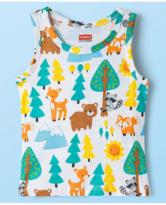 Babyhug 100% Cotton Single Jersey Knit Antibacterial Sleeveless Vests With Forest Print Pack of 3 - Multicolor