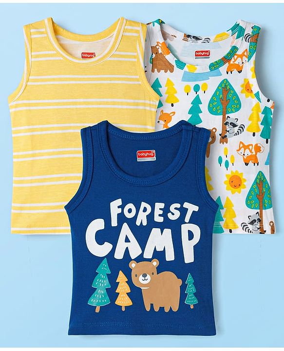 Babyhug 100% Cotton Single Jersey Knit Antibacterial Sleeveless Vests With Forest Print Pack of 3 - Multicolor