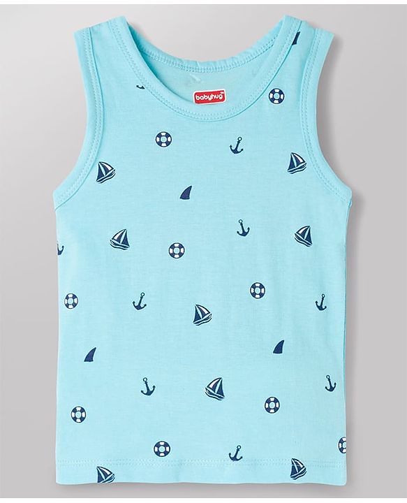 Babyhug 100% Antibacterial Cotton Knit Sleeveless Striped & Nautical Theme Printed Vests Pack of 3 - Blue White & Green