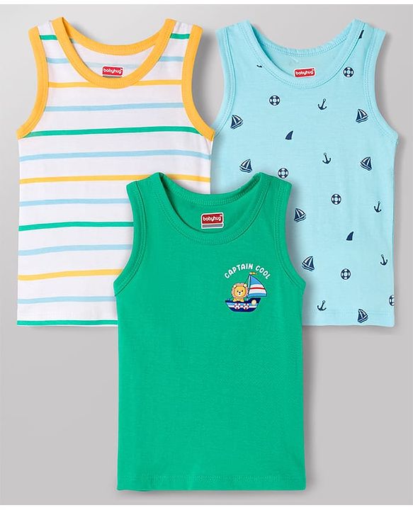 Babyhug 100% Antibacterial Cotton Knit Sleeveless Striped & Nautical Theme Printed Vests Pack of 3 - Blue White & Green