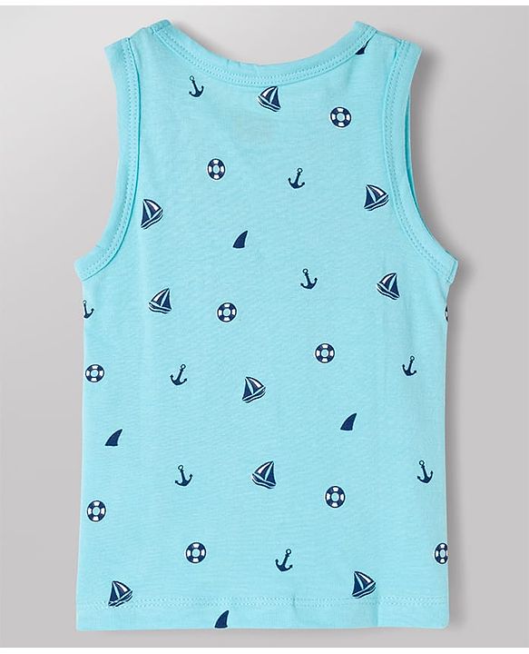 Babyhug 100% Antibacterial Cotton Knit Sleeveless Striped & Nautical Theme Printed Vests Pack of 3 - Blue White & Green