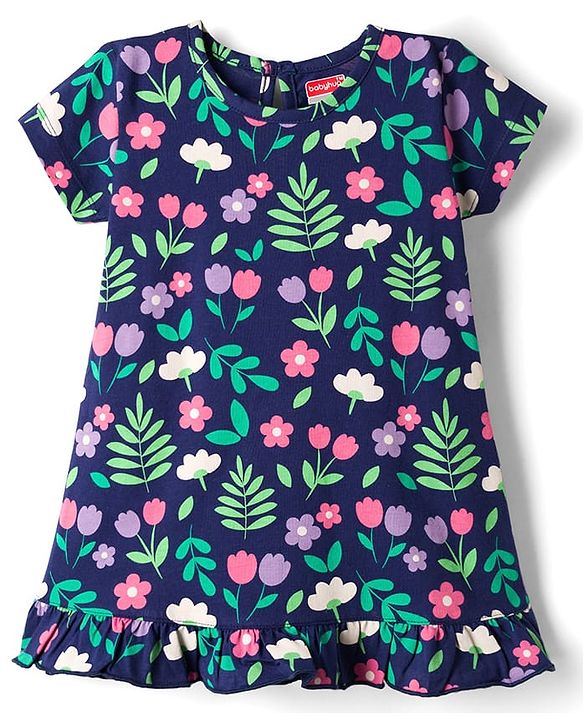 Babyhug Cotton Knit Half Sleeves Nighty with Floral Print - Navy Blue