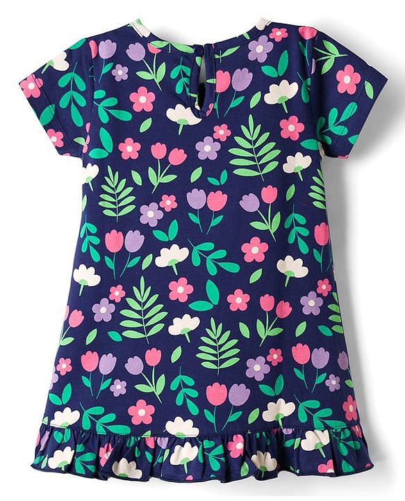 Babyhug Cotton Knit Half Sleeves Nighty with Floral Print - Navy Blue