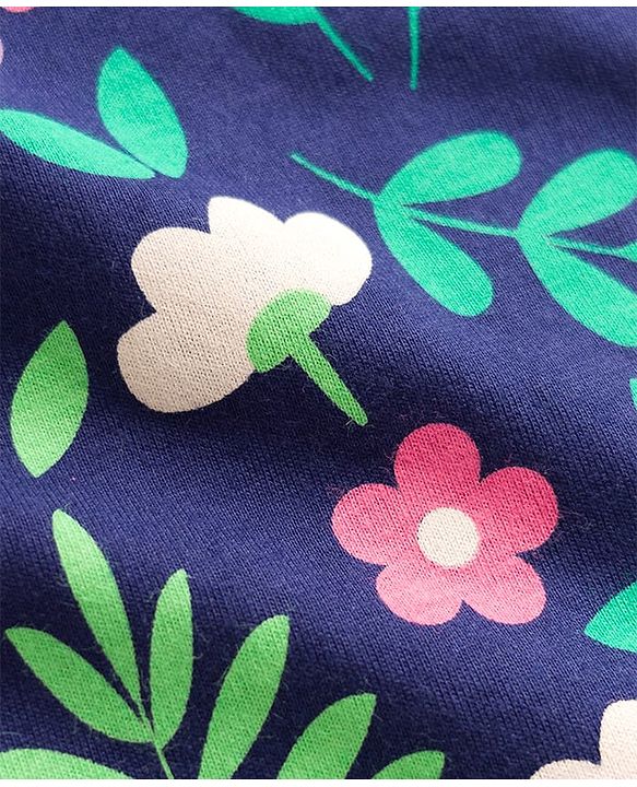 Babyhug Cotton Knit Half Sleeves Nighty with Floral Print - Navy Blue