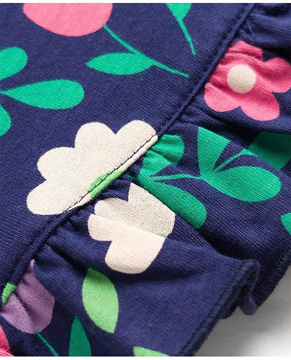 Babyhug Cotton Knit Half Sleeves Nighty with Floral Print - Navy Blue