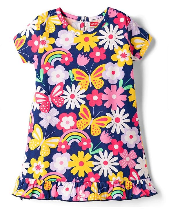 Babyhug Cotton Knit Half Sleeves Nighty with Floral Print - Multicolor