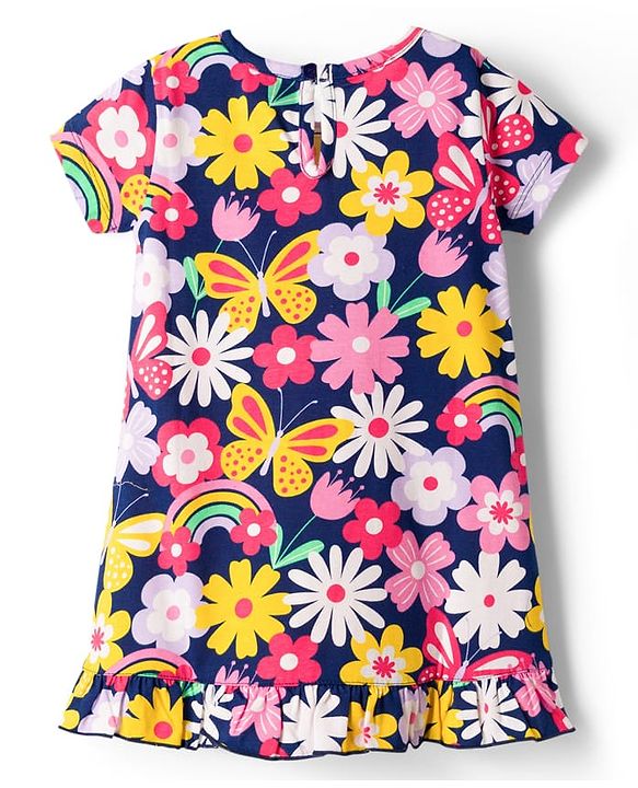 Babyhug Cotton Knit Half Sleeves Nighty with Floral Print - Multicolor