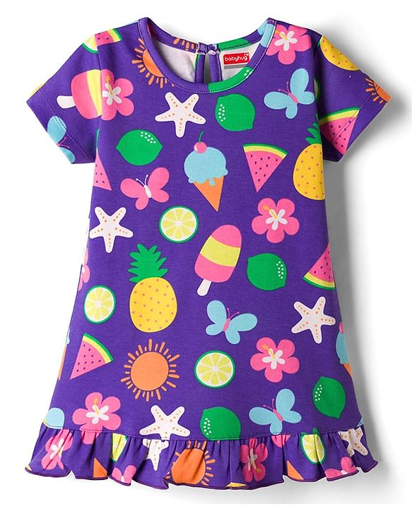 Babyhug Cotton Knit Half Sleeves Nighty with Tropical Theme Print - Purple