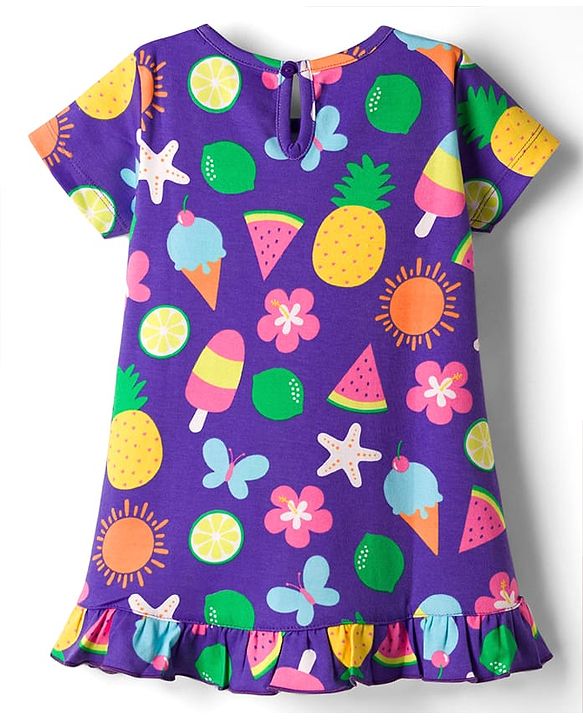 Babyhug Cotton Knit Half Sleeves Nighty with Tropical Theme Print - Purple