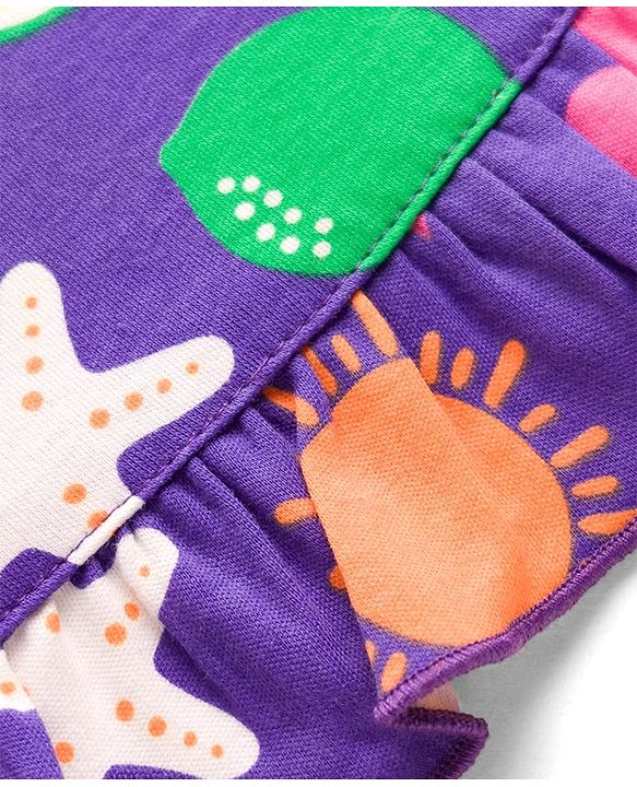 Babyhug Cotton Knit Half Sleeves Nighty with Tropical Theme Print - Purple