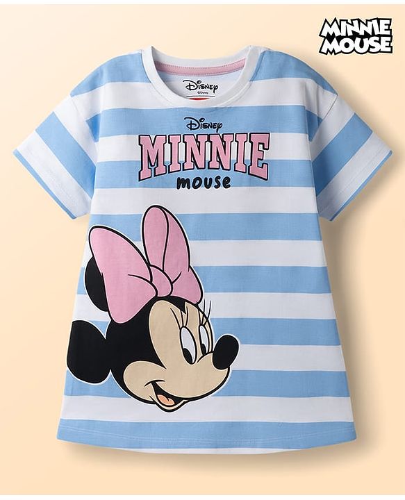 Babyhug Disney 100% Cotton Knit Half Sleeves Striped Nighty With Minnie Mouse Graphic - Multi Color