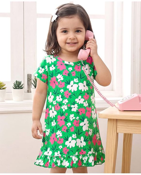 Babyhug Cotton Knit Half Sleeves Floral Printed A Line Nighty - Green