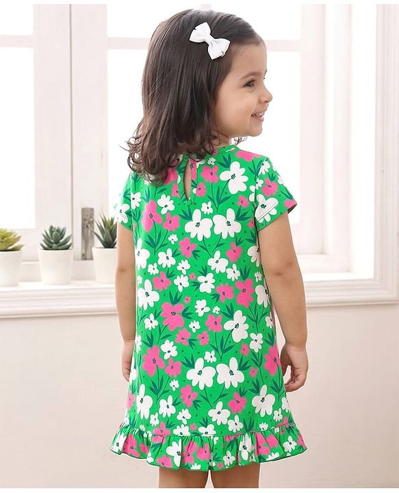 Babyhug Cotton Knit Half Sleeves Floral Printed A Line Nighty - Green