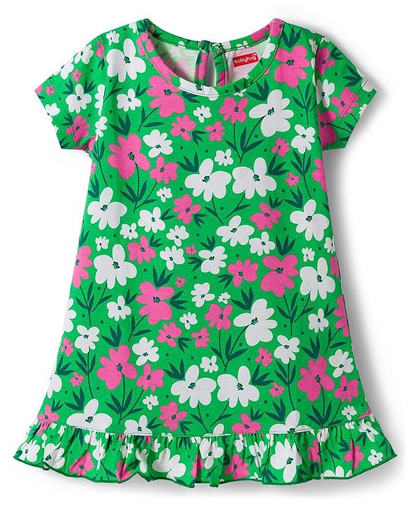 Babyhug Cotton Knit Half Sleeves Floral Printed A Line Nighty - Green