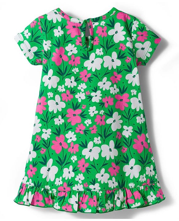 Babyhug Cotton Knit Half Sleeves Floral Printed A Line Nighty - Green