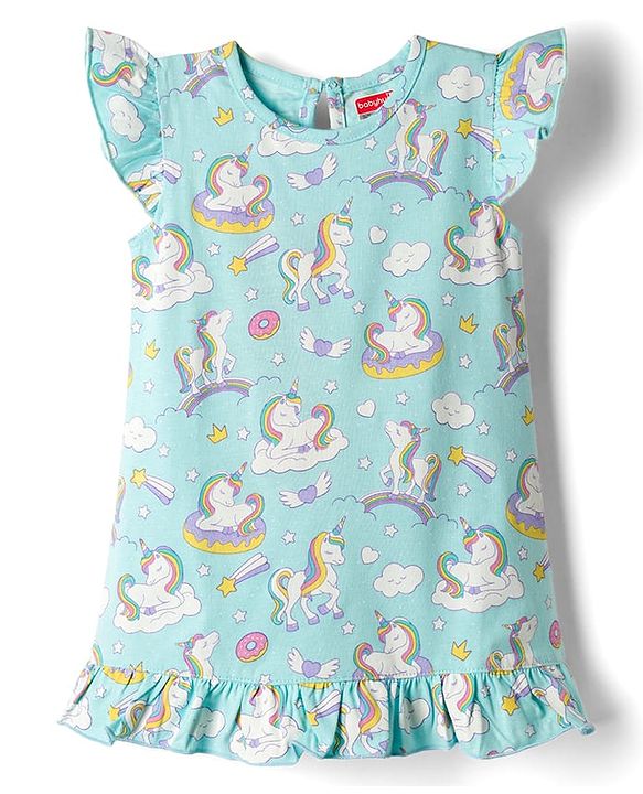 Babyhug Cotton Knit Frill Sleeves Nighty with Unicorn Print - Sky Blue