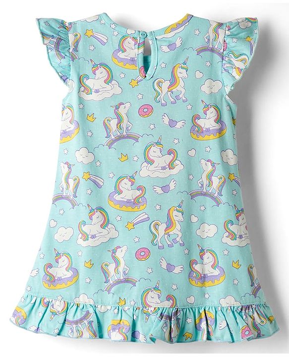 Babyhug Cotton Knit Frill Sleeves Nighty with Unicorn Print - Sky Blue