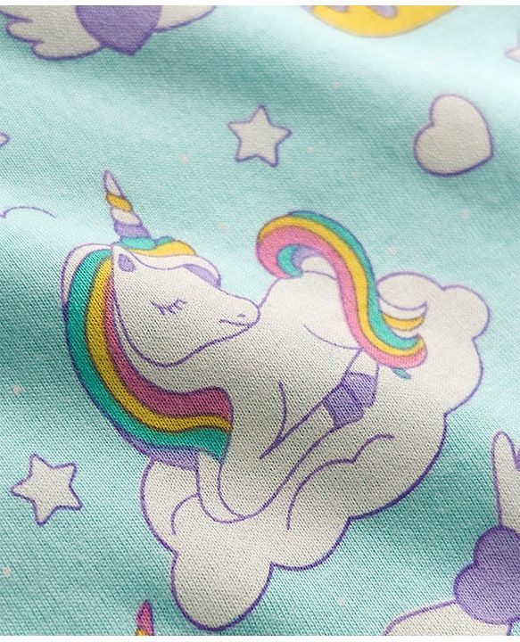 Babyhug Cotton Knit Frill Sleeves Nighty with Unicorn Print - Sky Blue