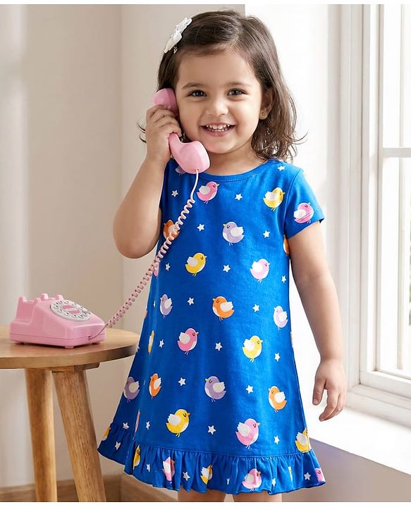 Babyhug Cotton Knit Half Sleeves Bird Printed Nighty - Blue